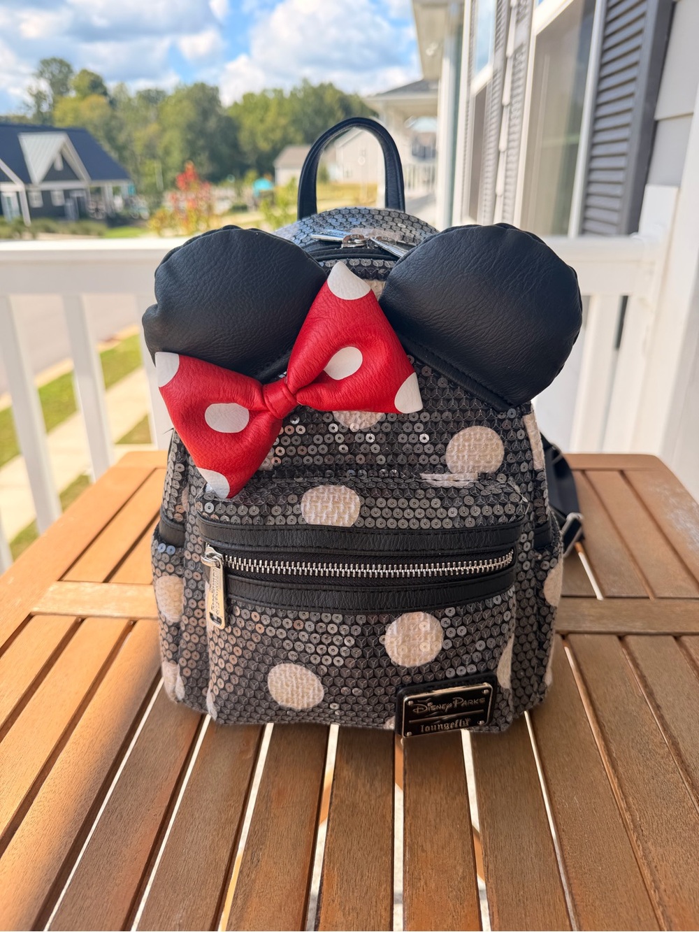 Disney Parks Loungefly Polka Dot Minnie Mouse Backpack with Red Bow